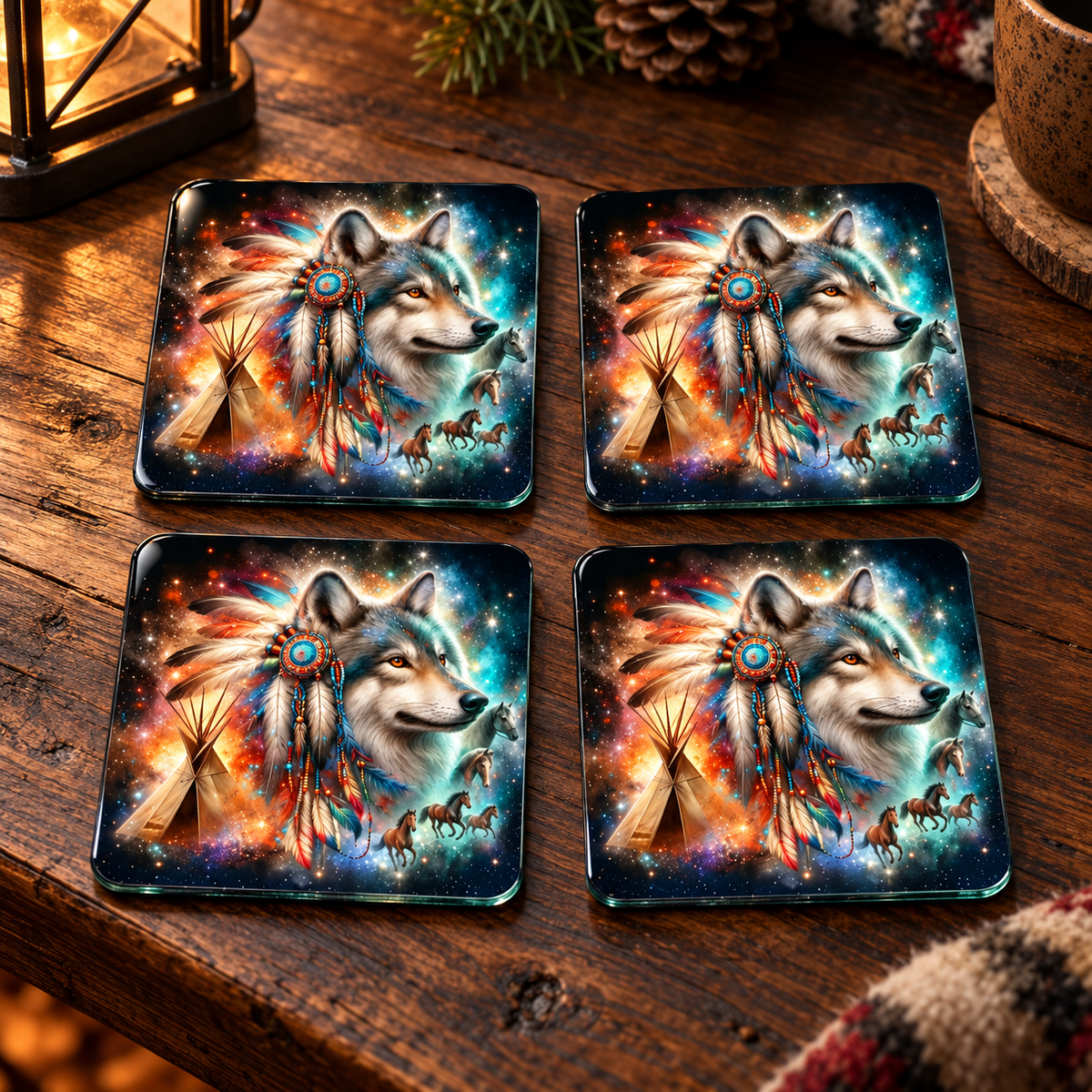 Wild Spirit Wolf Glass Coasters – Set of 4