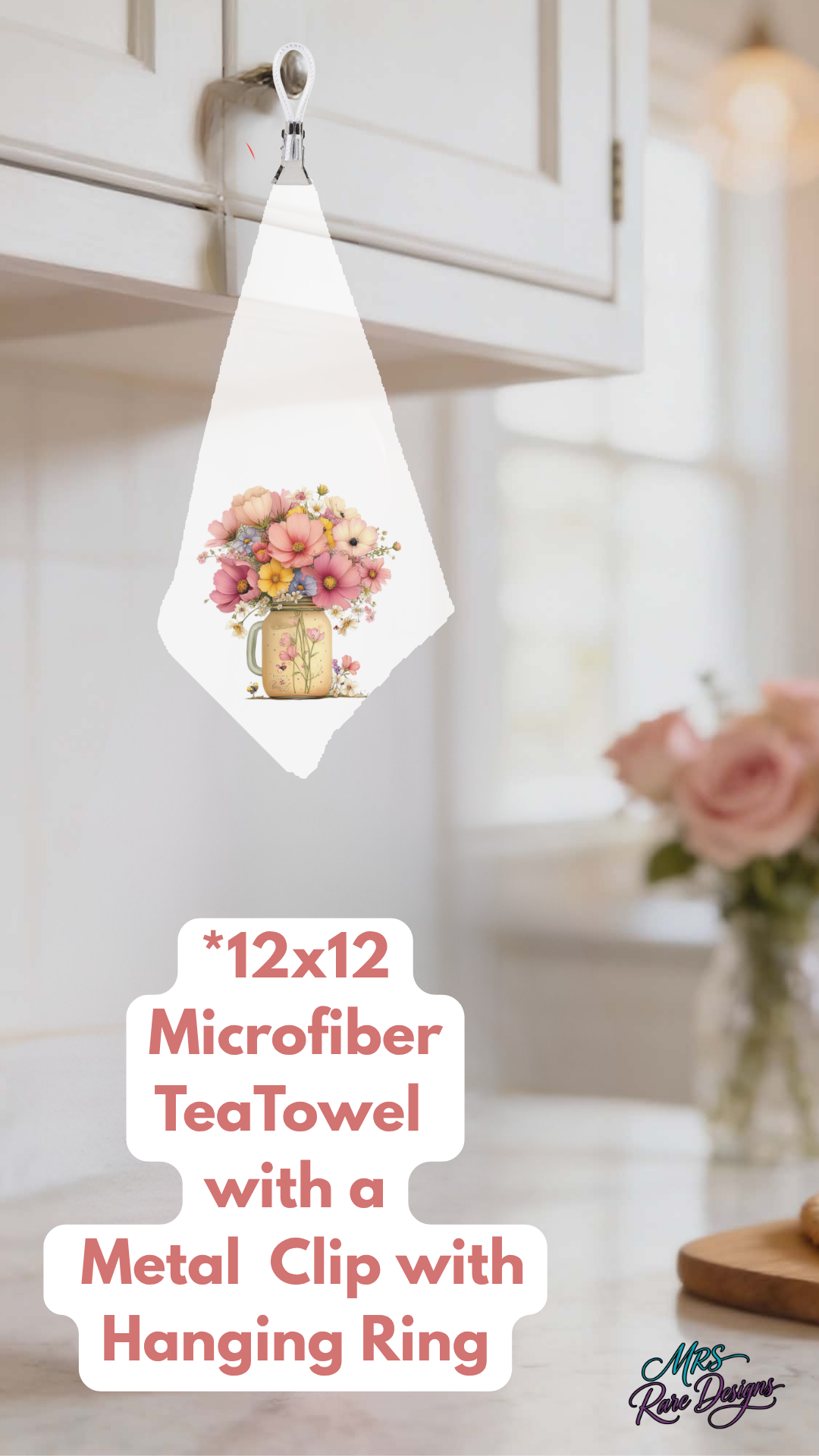 Floral Mason Jar 12x12 Microfiber Tea Towel with Hanging Ring Clip