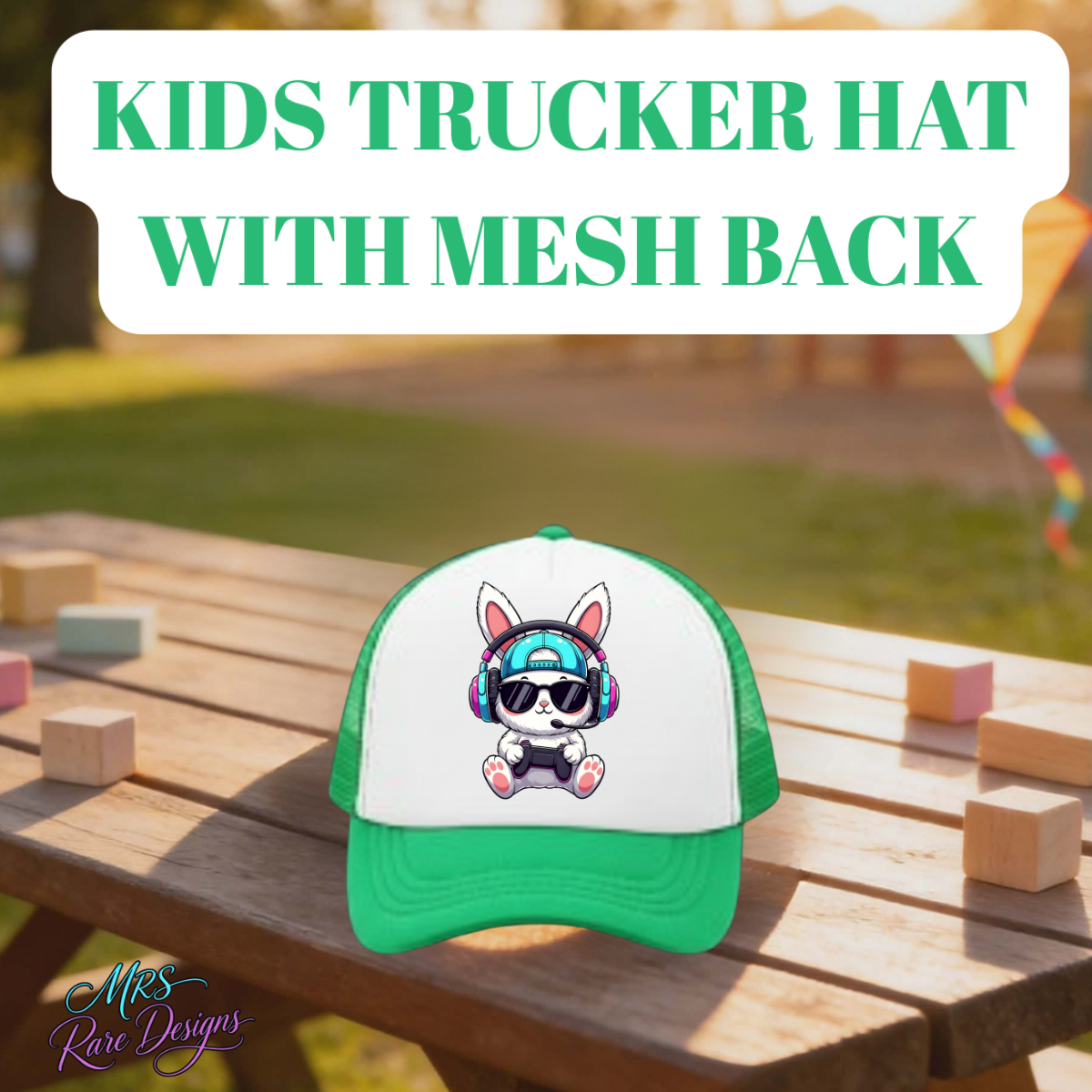 Cool Bunny Gamer Kids Trucker Hat – Mesh Snapback Cap (Multiple Colors)