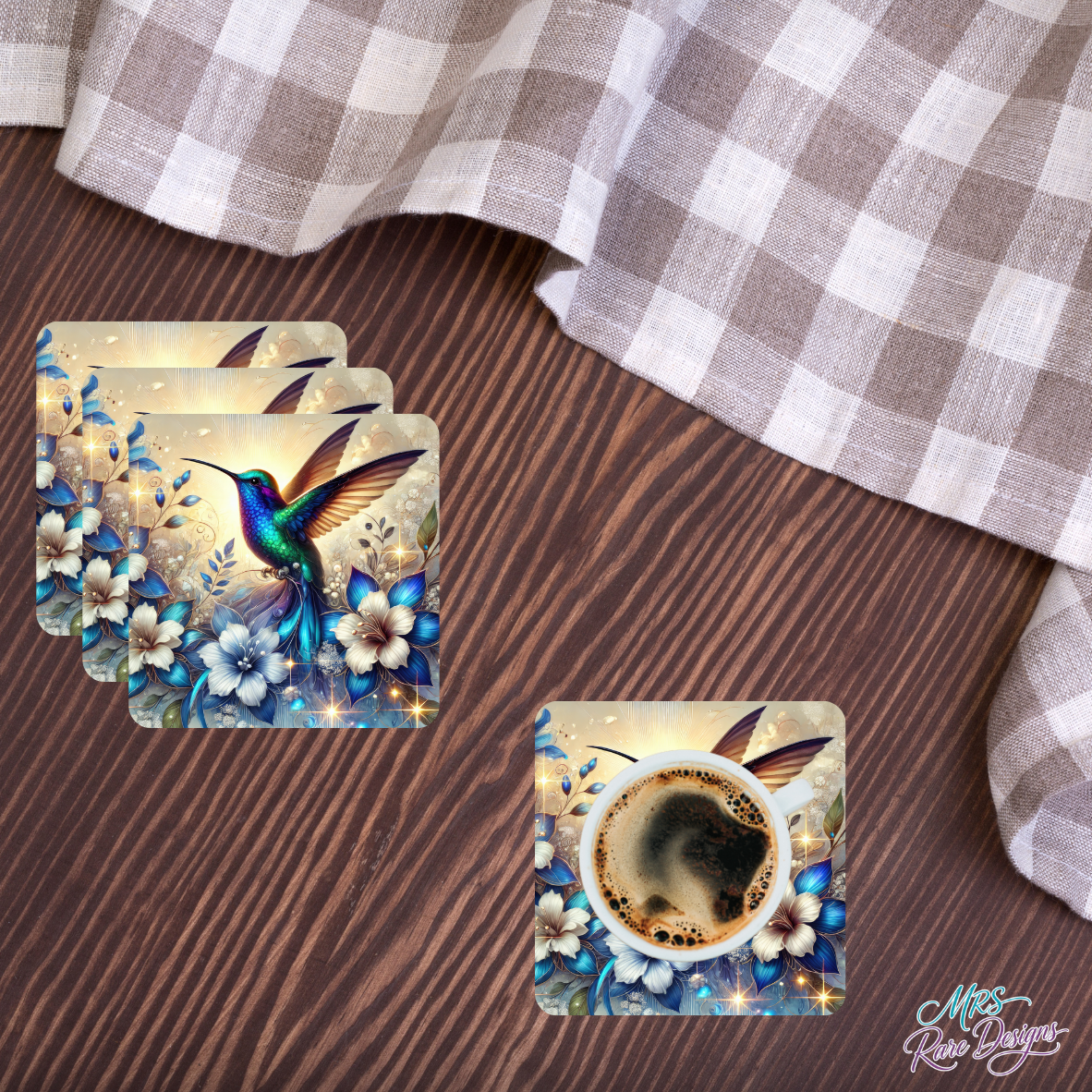"Whimsy Wings" Iridescent Hummingbird Glass Coasters — Set of 4