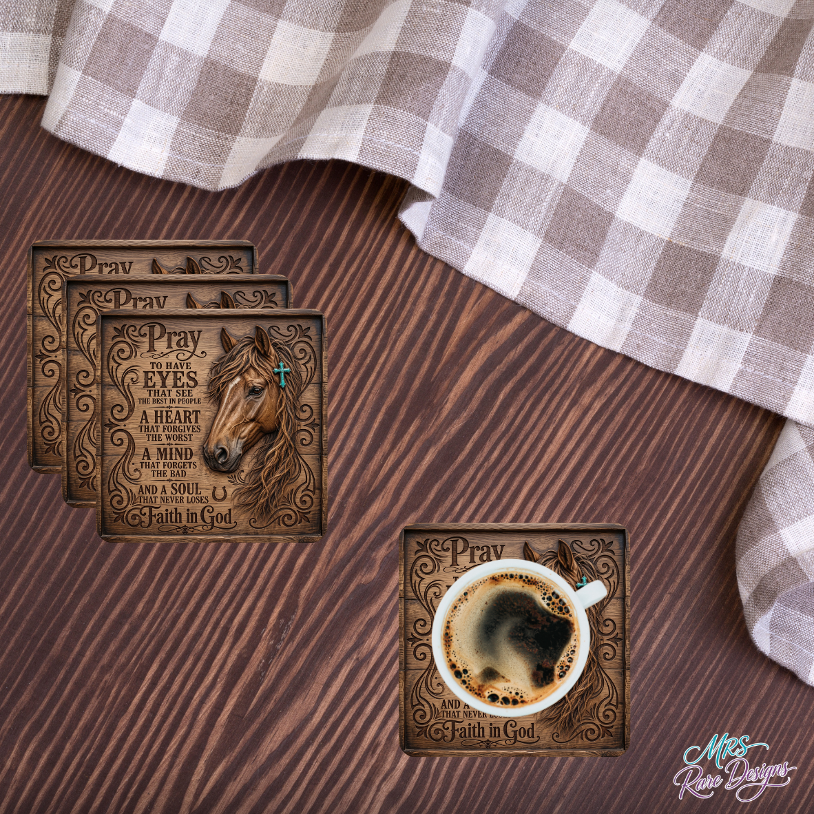 "Faith & Freedom" Western Horse & Prayer Square Glass Coaster Set (Set of 4)