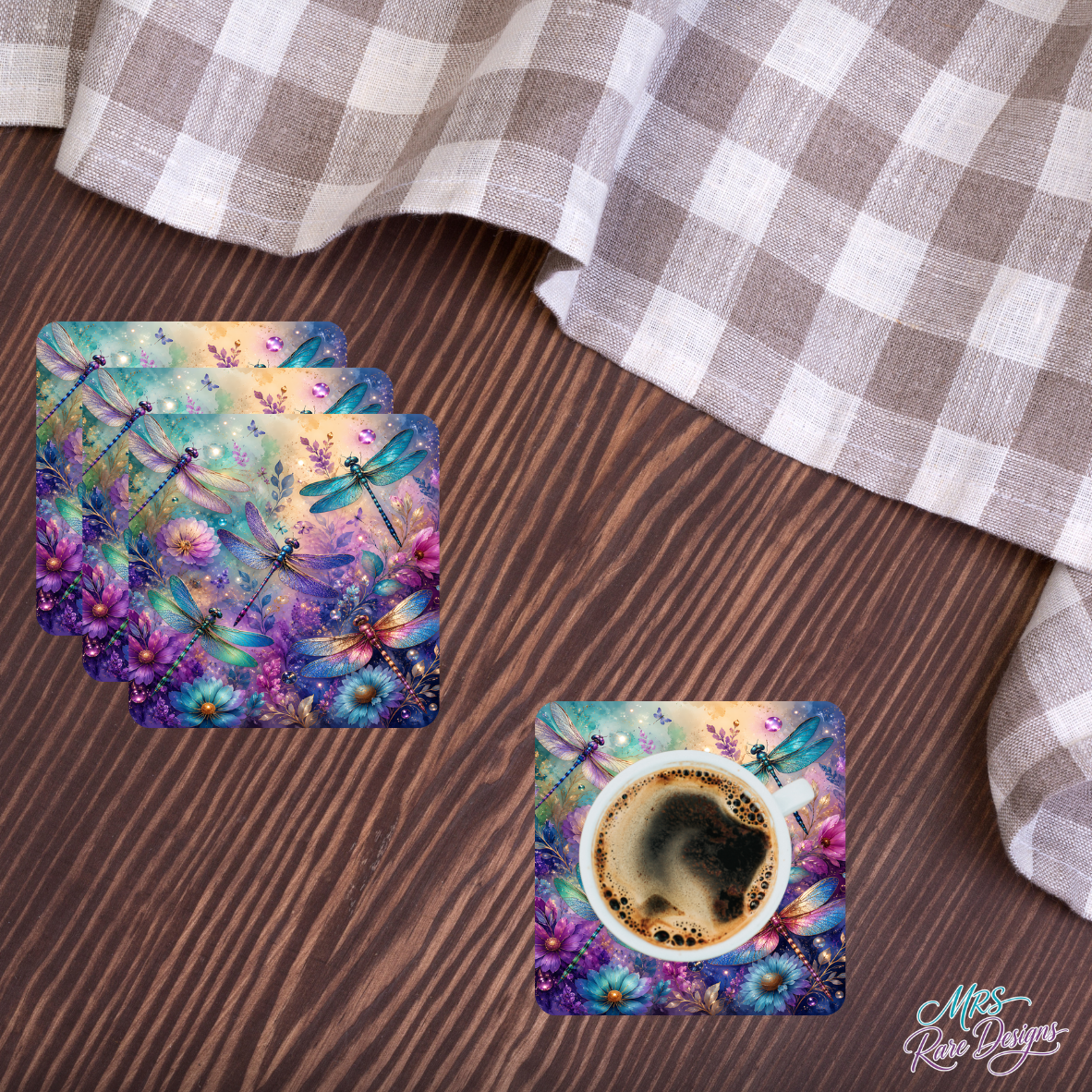 "Dragonfly Dreams" Glass Coaster Set (Set of 4, 3.94" Square)