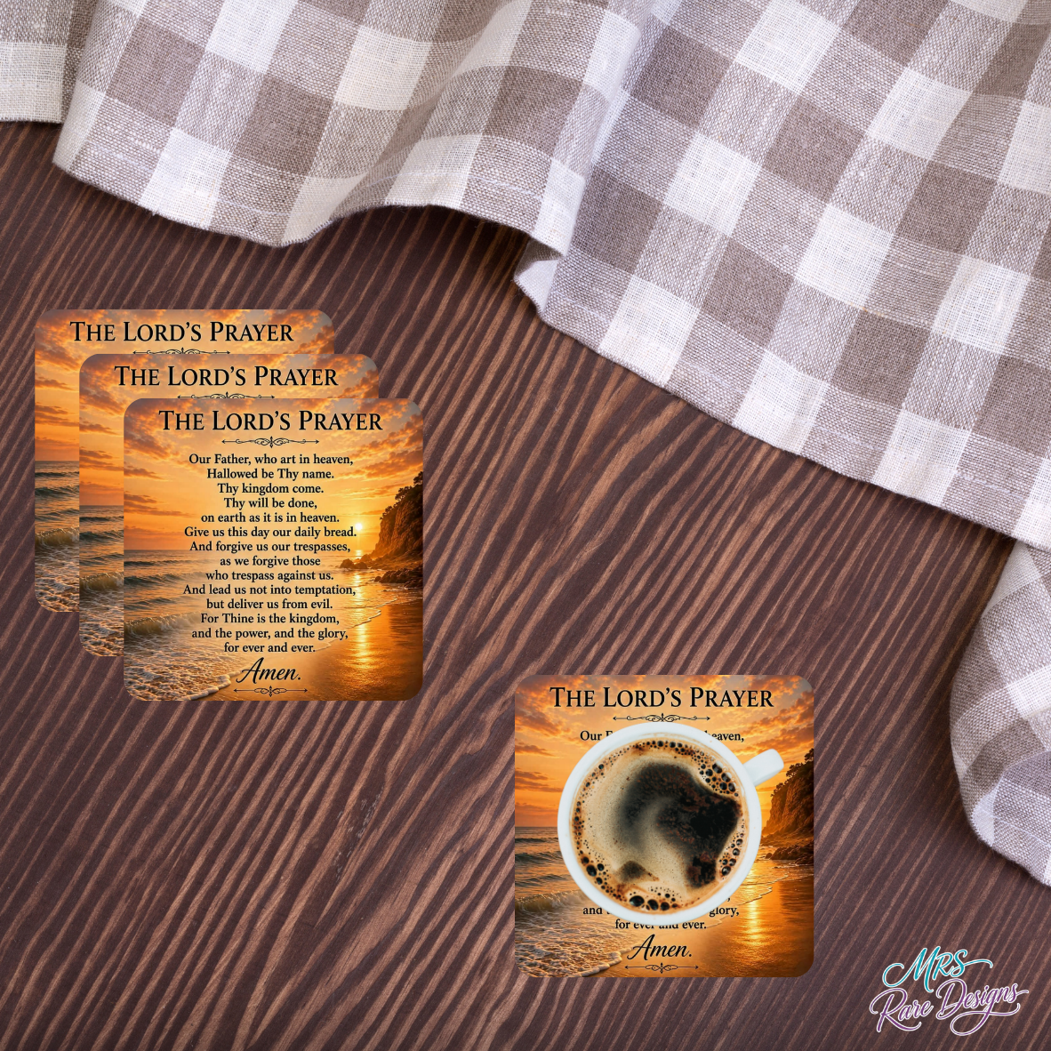 The "Daily Bread" Sunset Lord's Prayer Glass Coaster Set (4-Pack, 3.94" Square)