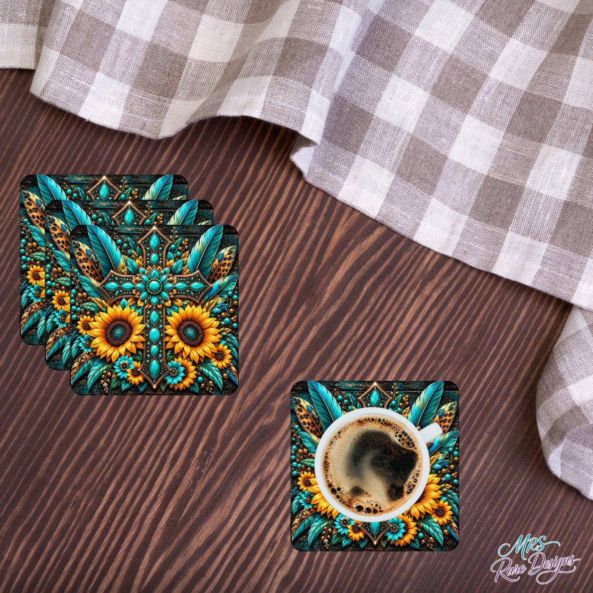 Turquoise Sunflower Boho Glass Coaster Set
