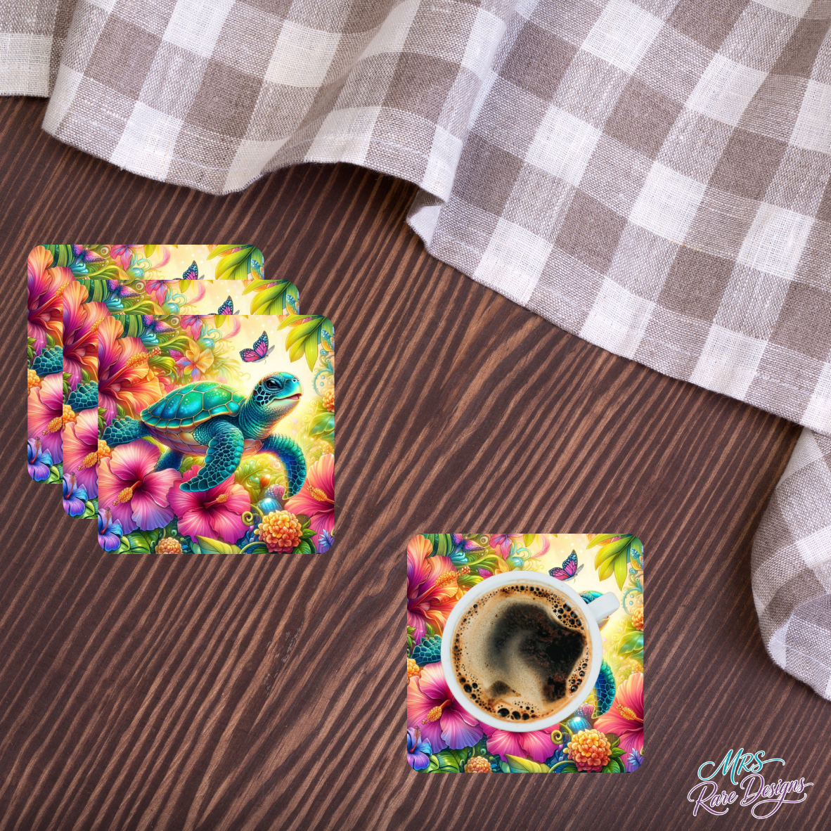 "Botanical Bloom Turtle" Glass Coasters