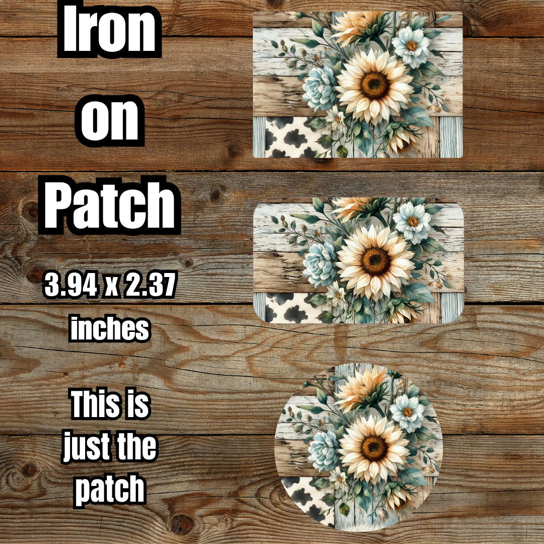 Rustic Sunflower Patchwork Iron-On Patch — 3.94″ × 2.37″ (Rectangle, Rounded Rectangle, or Circle)