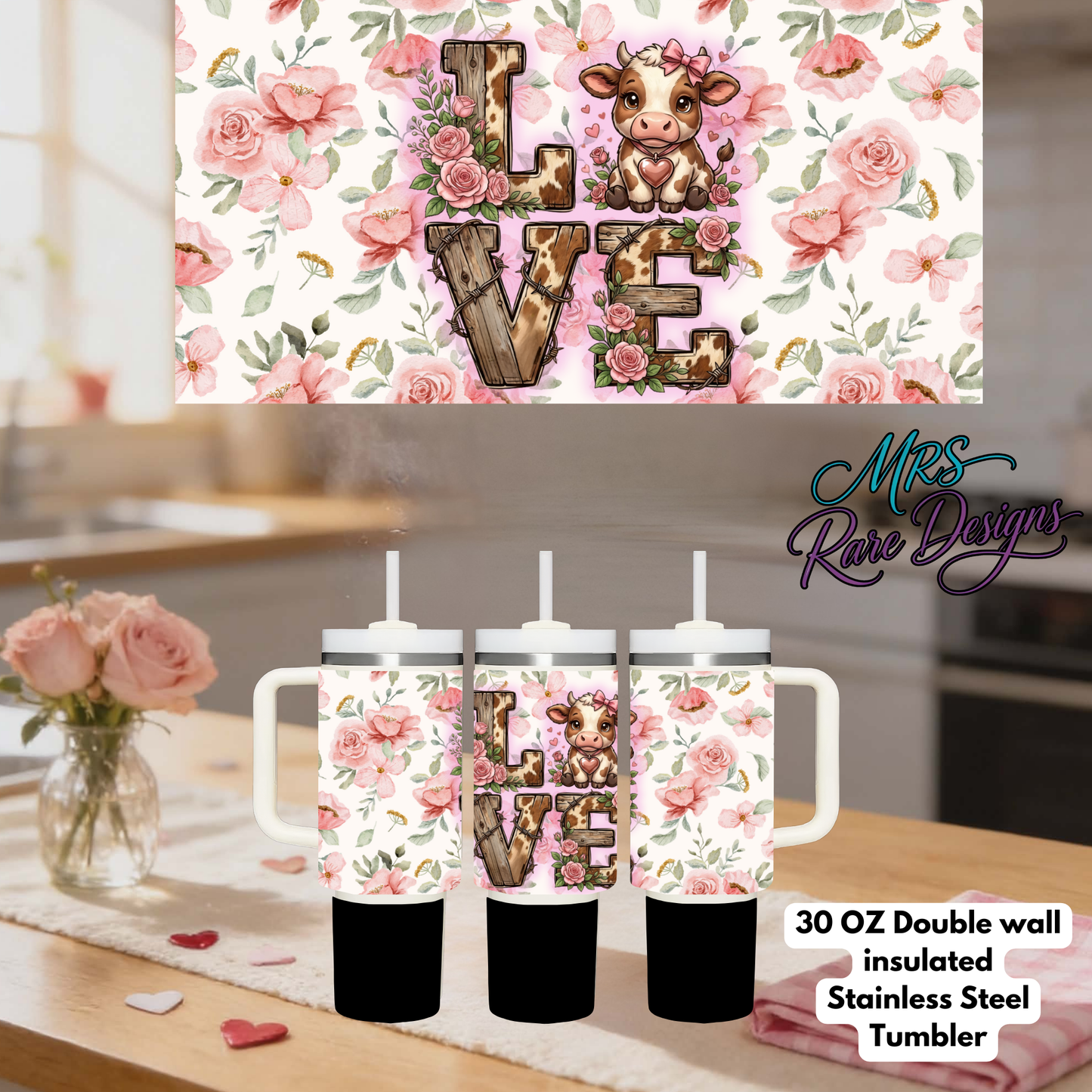 Love Floral Cow 30oz Stainless Steel Tumbler with Handle & Straw