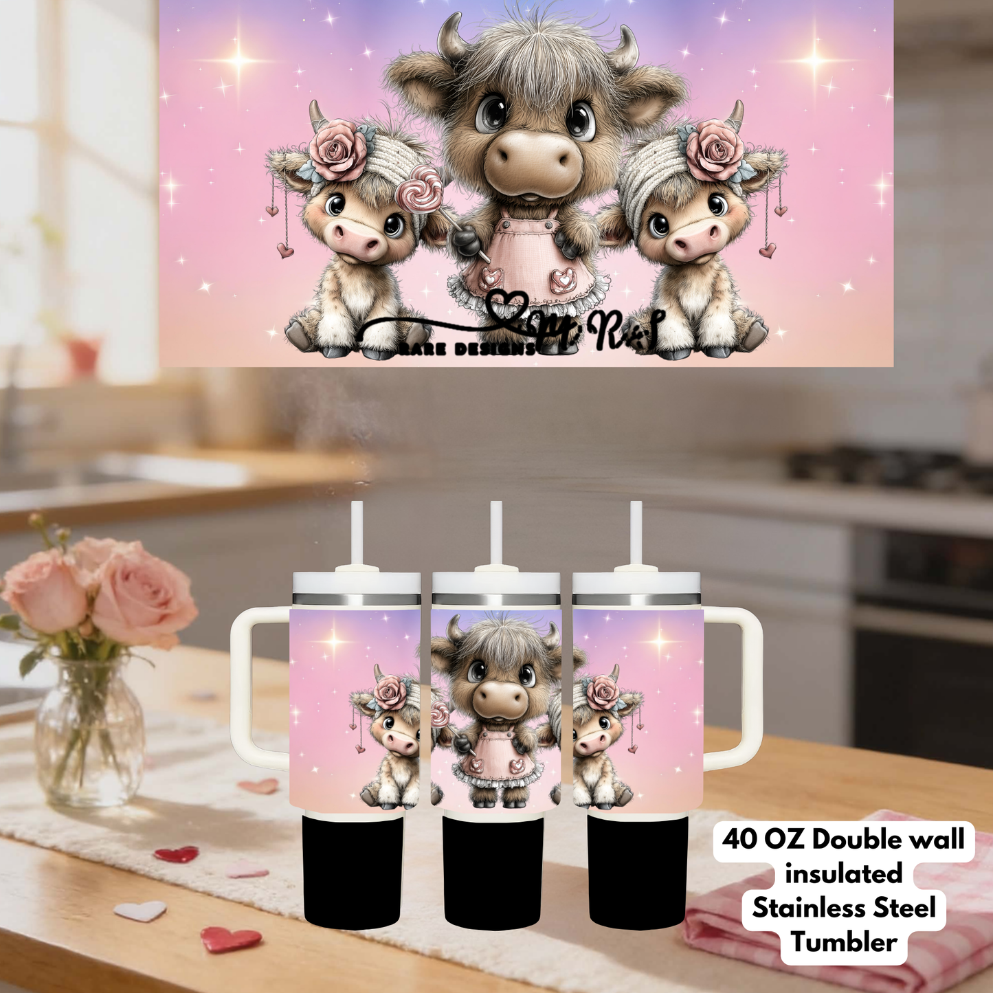 Adorable Highland Cow Family 40oz Stainless Steel Tumbler – Pastel Pink Double-Wall Insulated Mug with Straw