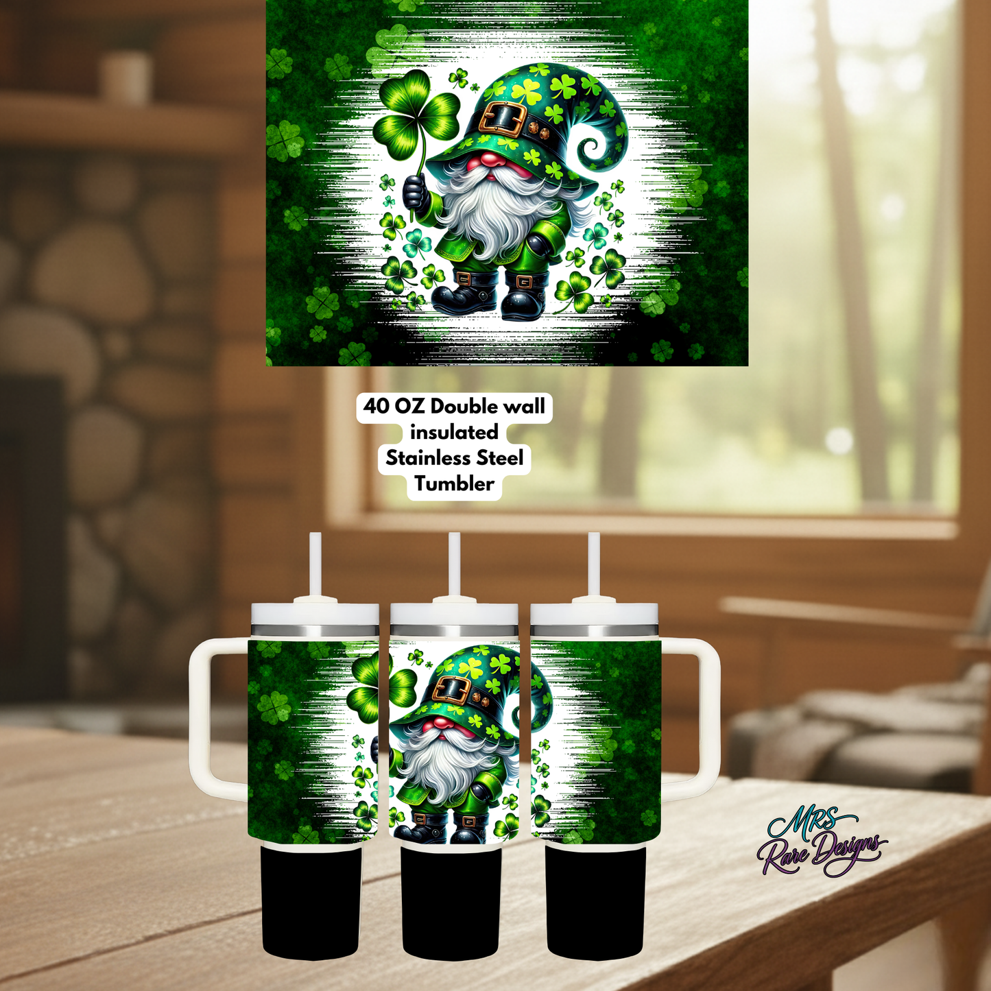 Lucky Shamrock Gnome 40oz Stainless Steel Tumbler with Handle — St. Patrick’s Day Double‑Wall Insulated Irish Travel Cup