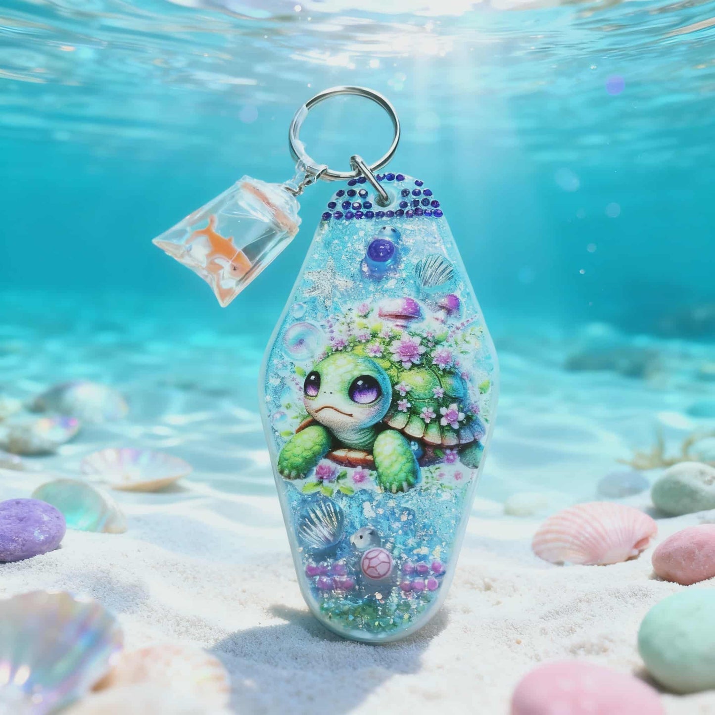 đ˘ Ocean Dream Turtle Resin Keychain â Handmade Sea Glitter Charm with UVDTF Art & Mini Goldfish Pendant đ