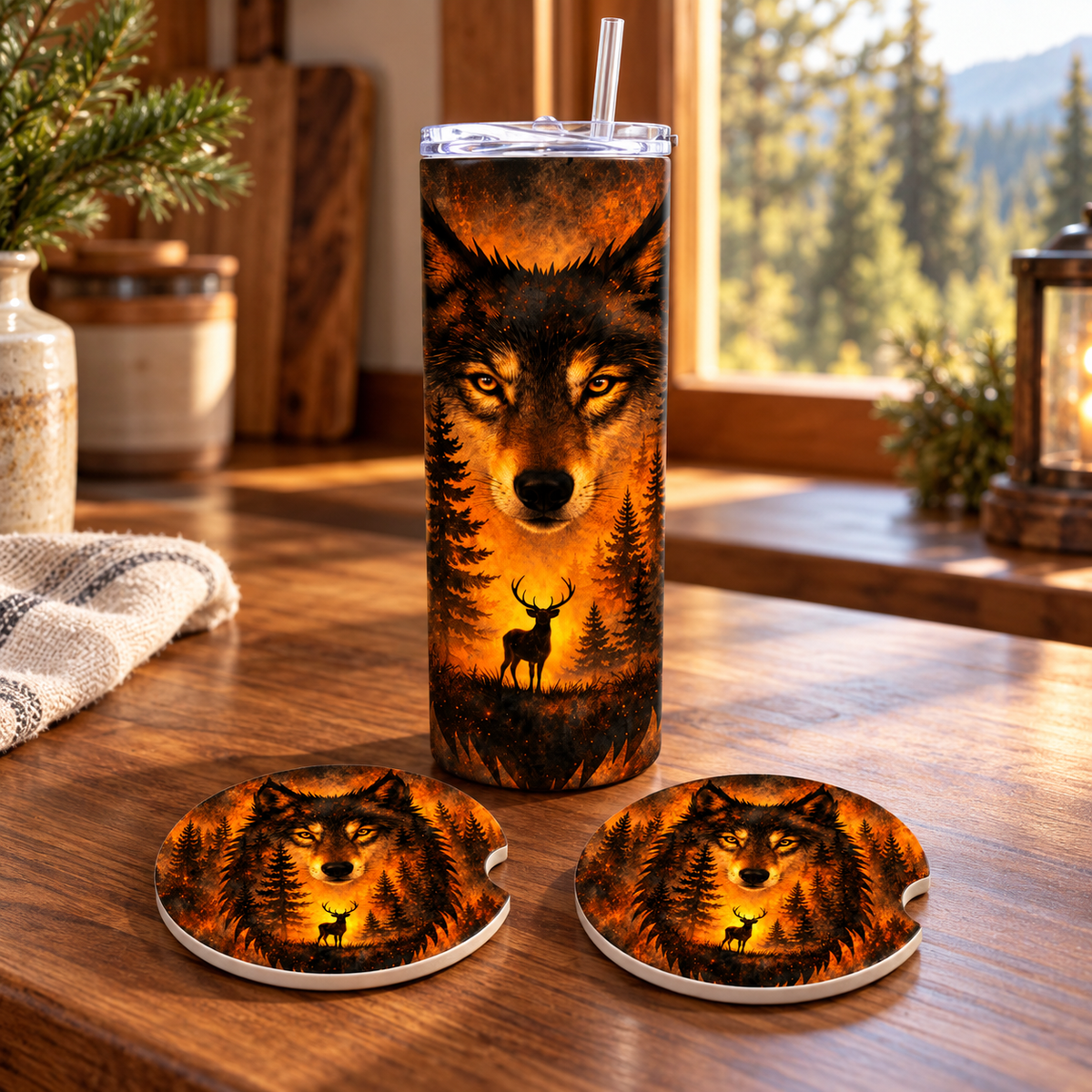 Amber Wilderness Wolf Tumbler & Car Coaster Gift Set