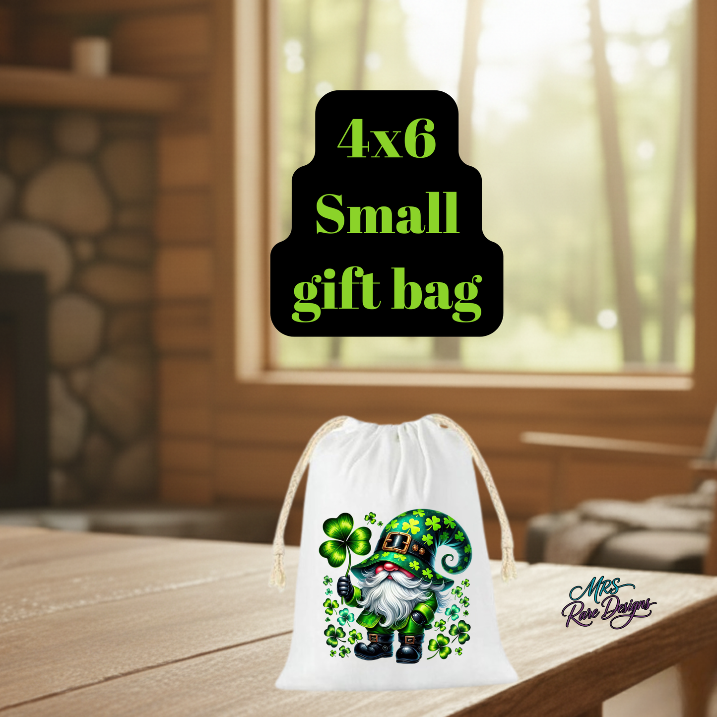Lucky Gnome Shamrock Small Gift Bag – St. Patrick’s Day 4x6 Drawstring Pouch