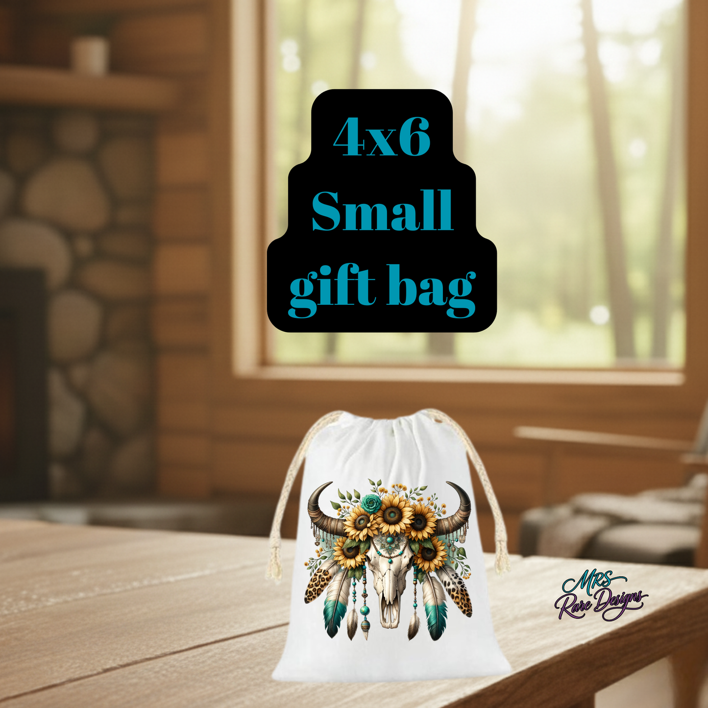 Boho Bull Skull Gift Bag – 4x6 Small Drawstring Pouch with Sunflowers & Feathers