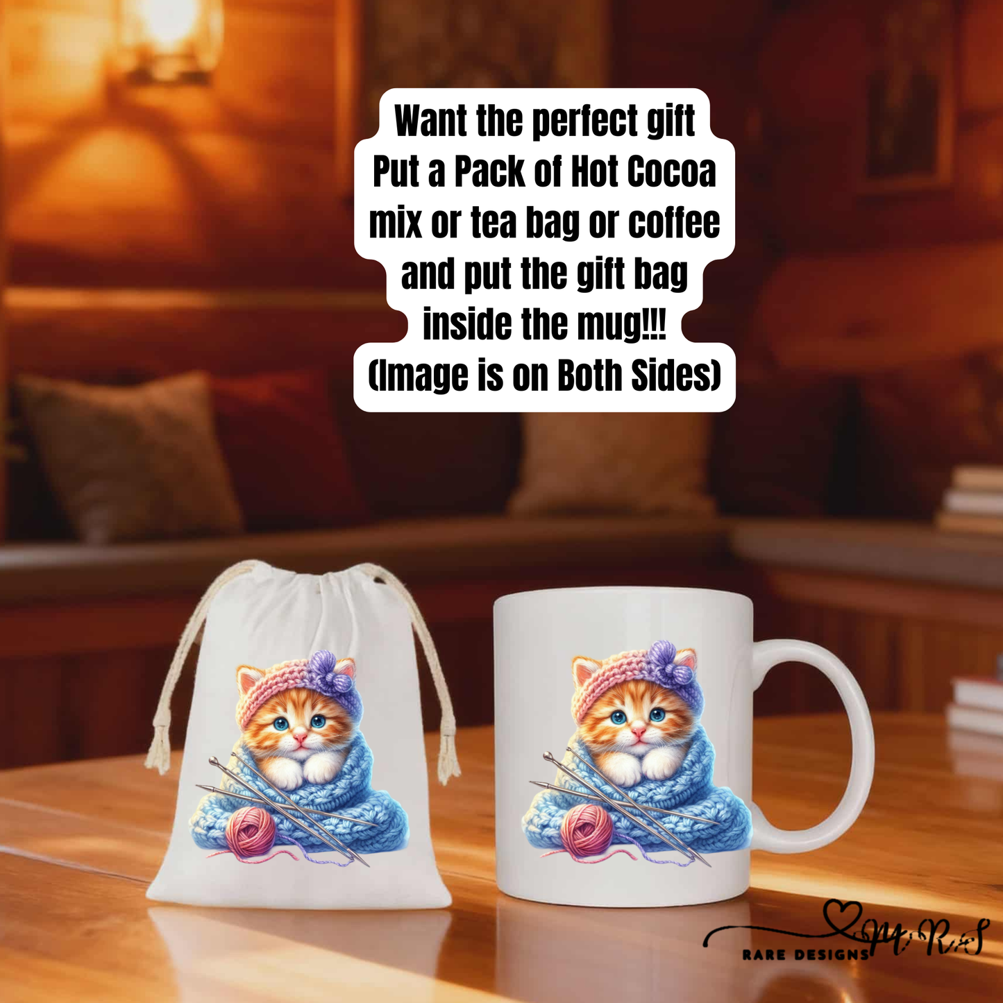Knitting Kitten Cozy Gift Set – 11oz Ceramic Mug + 4x6 Matching Gift Bag Save $2