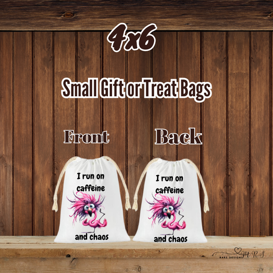 Caffeine & Chaos Flamingo – 4×6 Drawstring Gift/Treat Bag (Front & Back Print)
