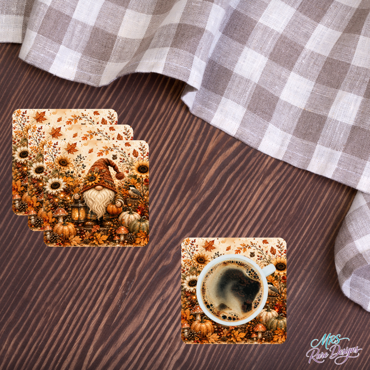 Golden Autumn Sunflower Gnome Glass Coaster Set (Set of 4)
