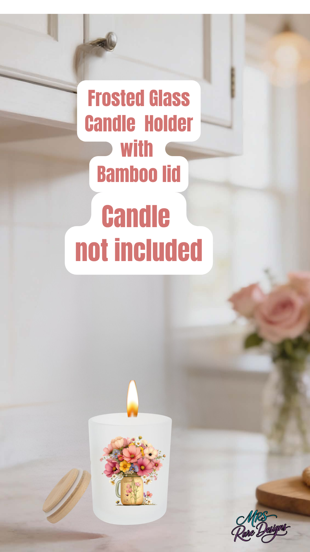 Floral Mason Jar Frosted Glass Candle Holder with Bamboo Lid