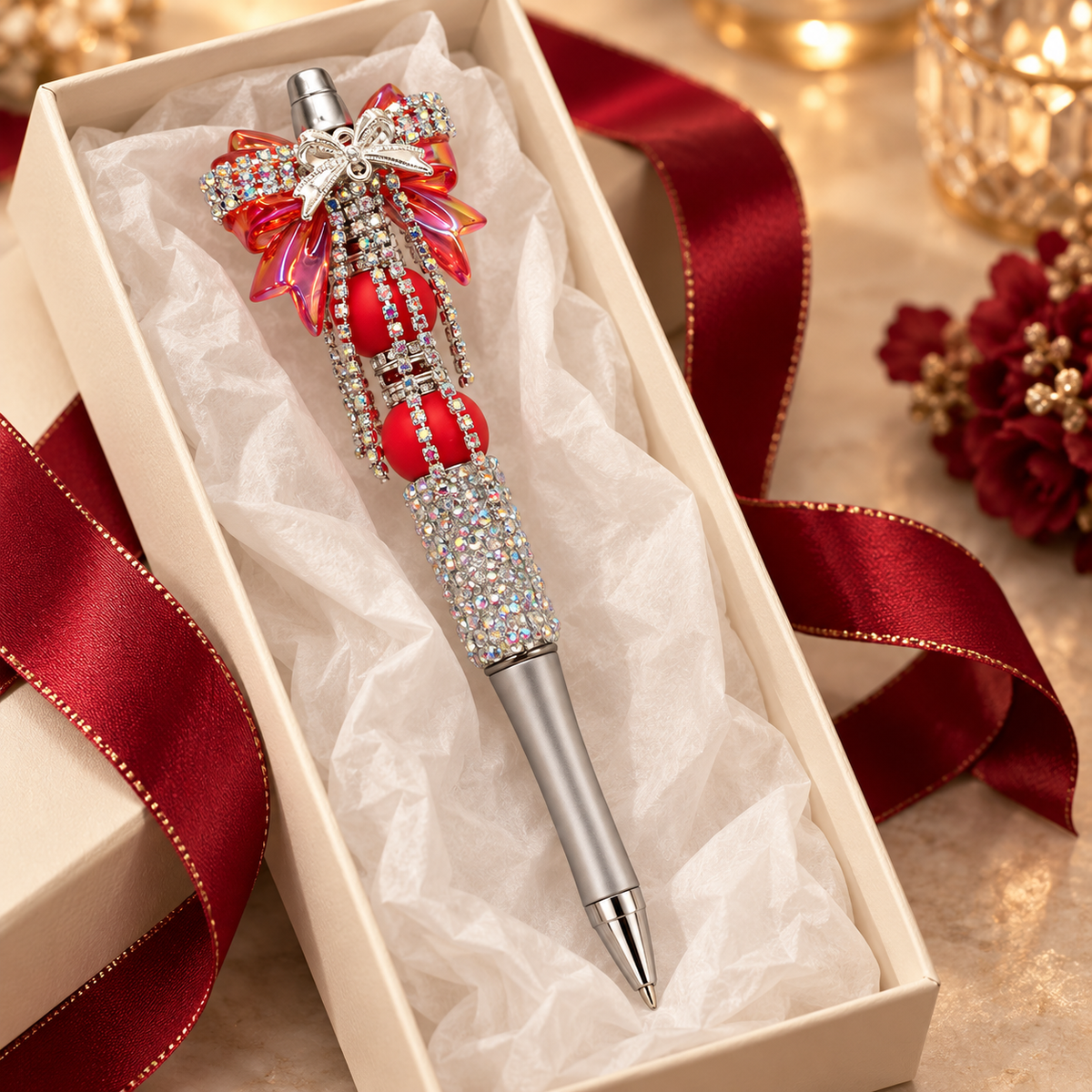 Ruby Radiance Red Rhinestone Bow Pen