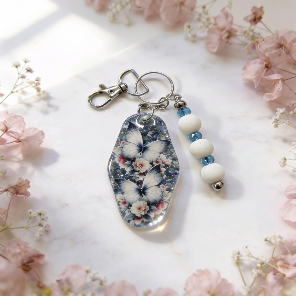 Blue Wing Garden Butterfly & Floral Beaded Keychain