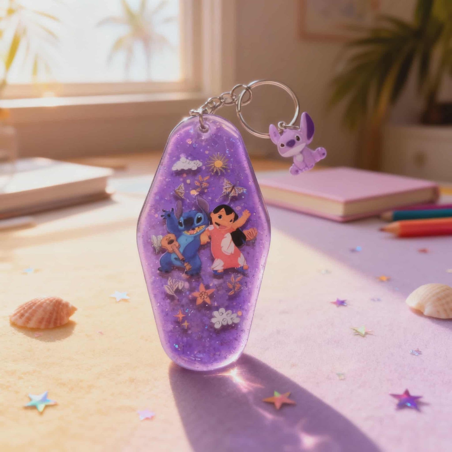 đ Lilo & Stitch Purple Galaxy Resin Keychain â Handmade Glitter Charm with UVDTF Art & Angel Mini đ