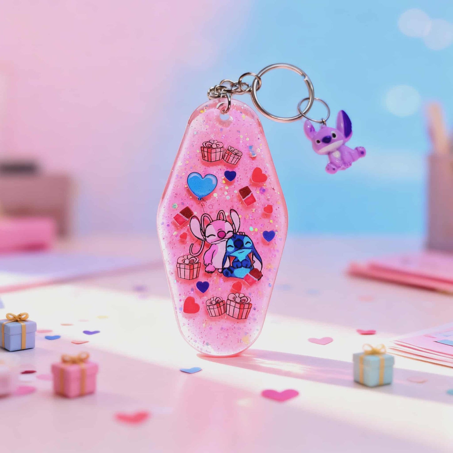 💖 Angel & Stitch Pink Glitter Love Resin Keychain – Handmade with UVDTF Art & Mini Charm 💖