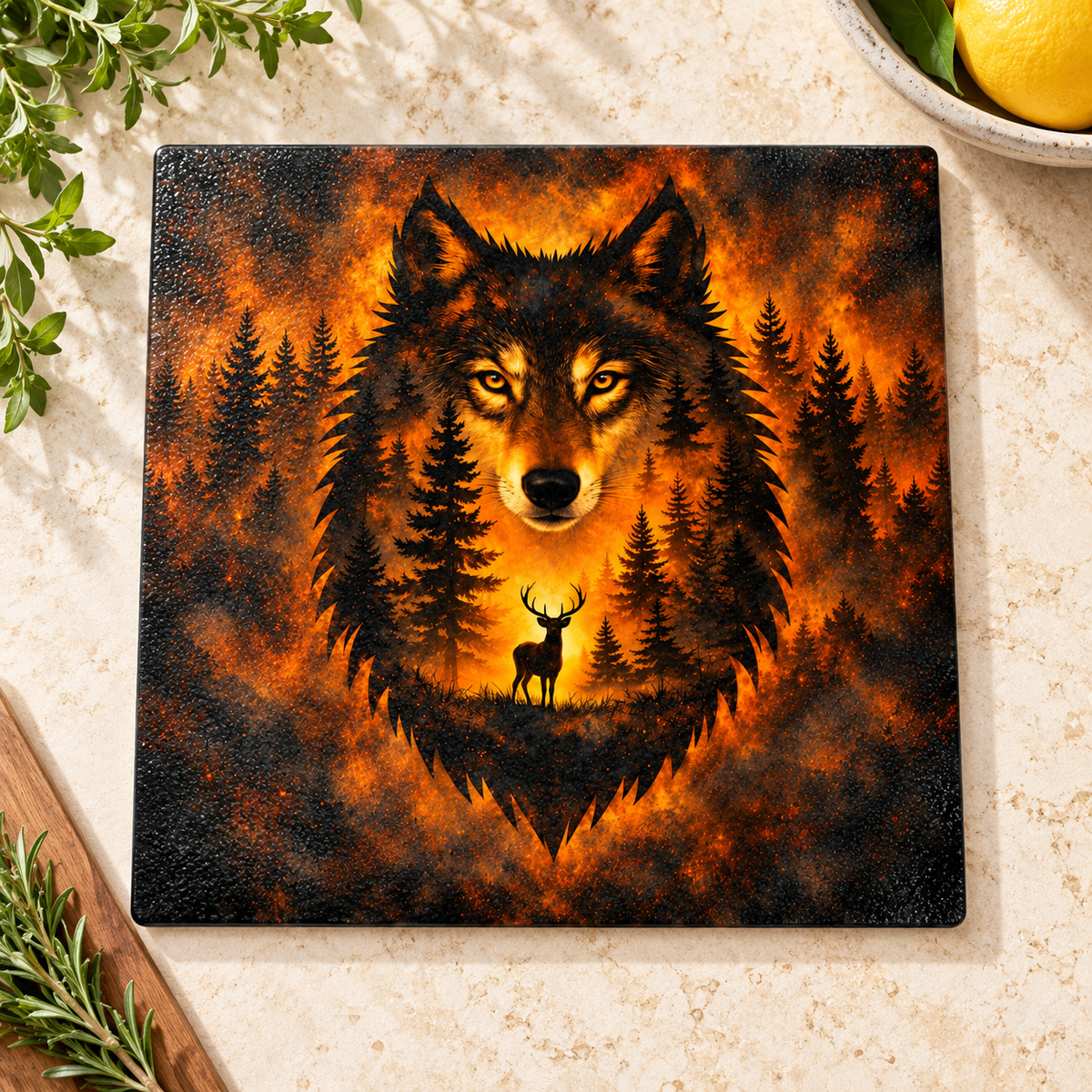 Amber Wilderness Wolf 9-Inch Square Glass Cutting Board