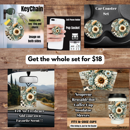 Rustic Sunflower Patchwork Mini Car & Sip Set — Neoprene Coffee Sleeve — $18