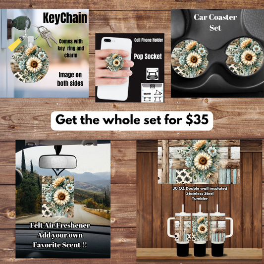 Rustic Sunflower Patchwork Car & Sip Gift Set — Choose 30oz or 40oz Tumbler