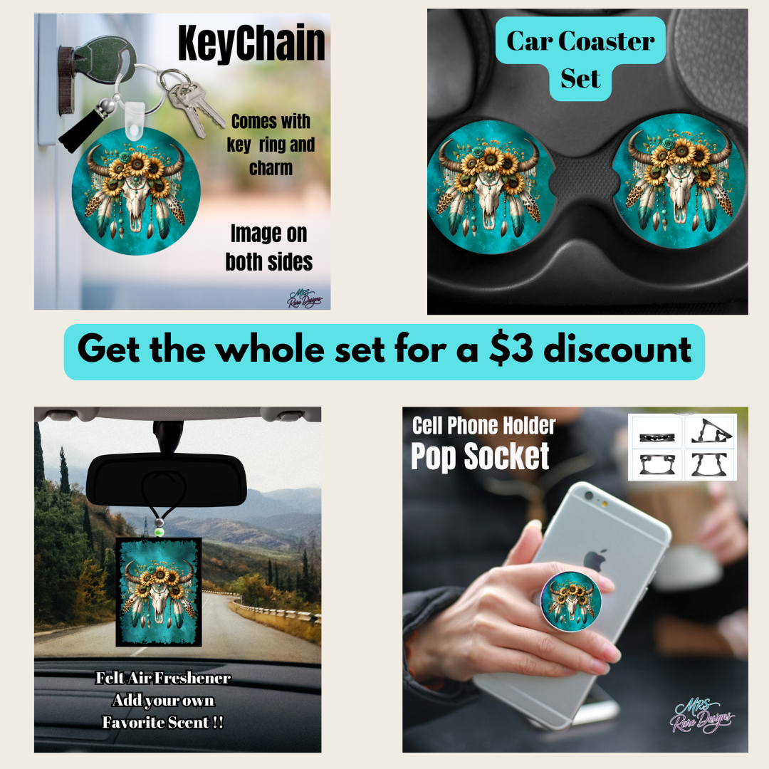 Boho Western Sunflower Steer Skull Accessory Gift Set – Keychain, Car Coasters, Pop Socket & Air Freshener (Save $3)