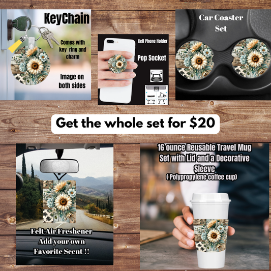 Rustic Sunflower Patchwork Mini Car & Sip Set — 16oz Reusable Travel Mug (Black or White) — $20