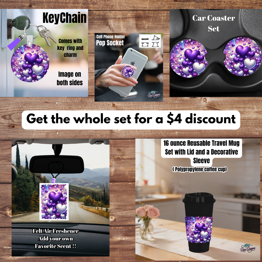 Purple Galaxy Hearts Car & Lifestyle Gift Set – Keychain, Pop Socket, Car Coasters, Air Freshener & Tumbler