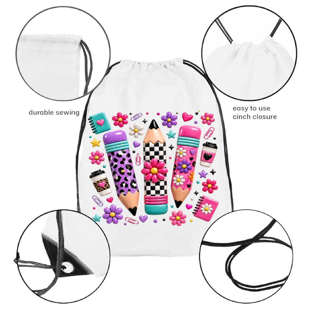 Retro Preppy Pencils & Doodles Drawstring Cinch Backpack