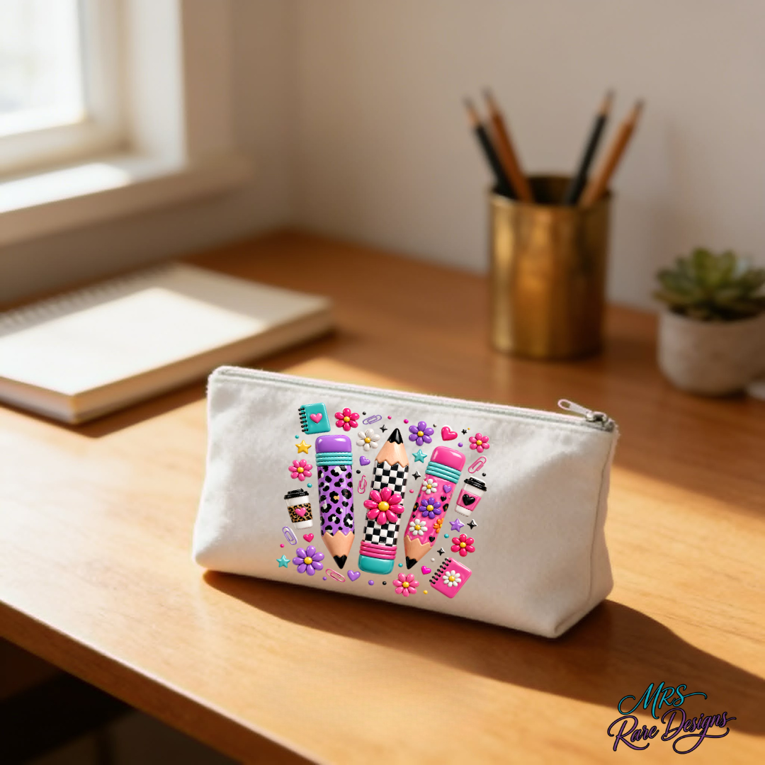 Retro Preppy Pencils & Doodles Zipper Pencil Pouch (7" x 4.3")