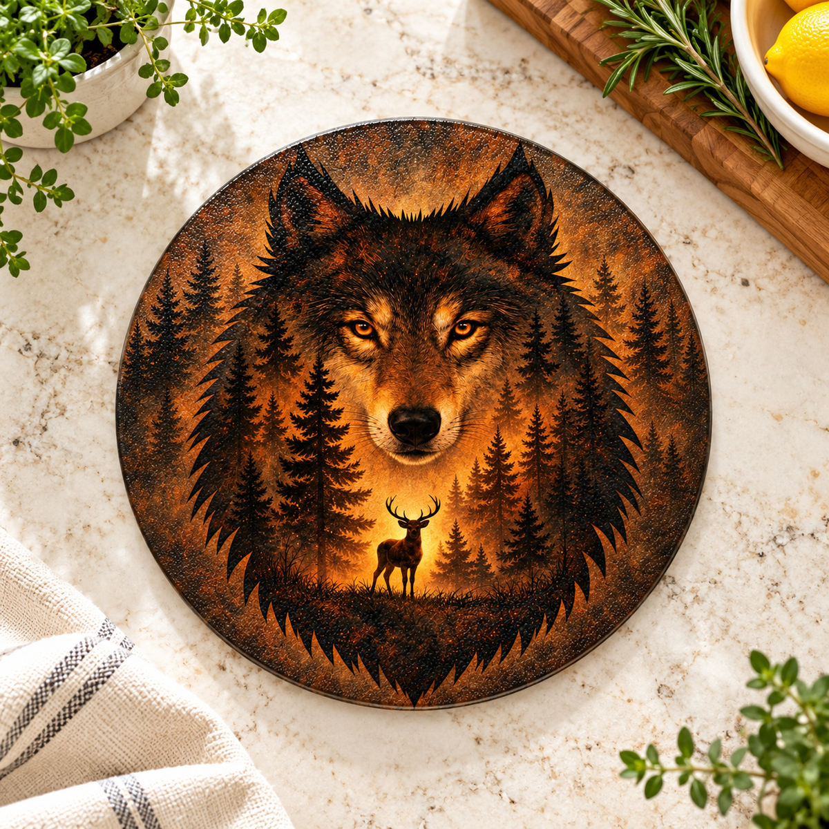 Amber Wilderness Wolf 9-Inch Round Glass Cutting Board
