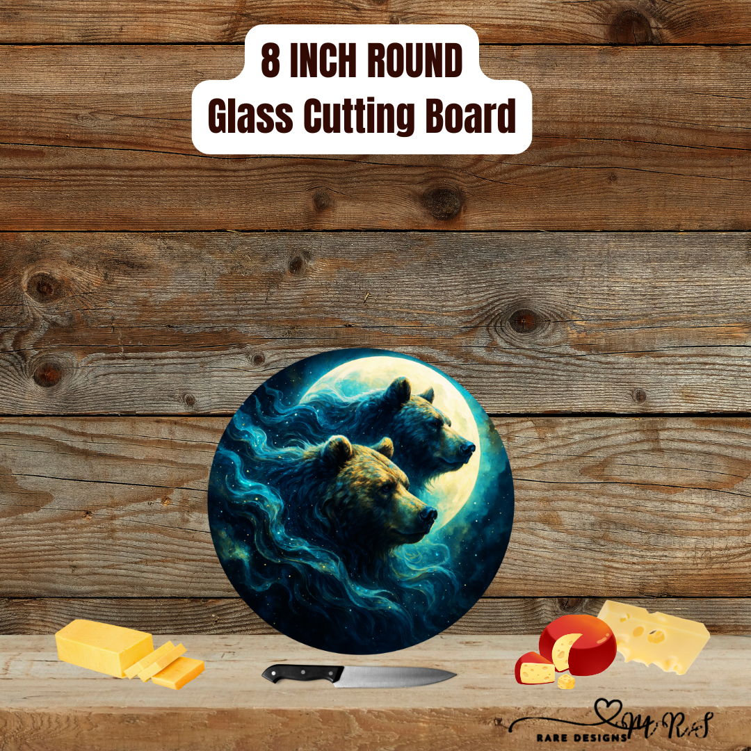 Moonlit Trail Bears — 8″ Round Glass Cutting Board