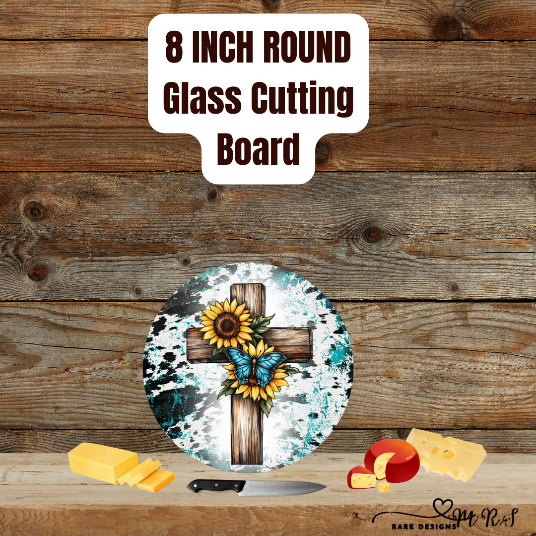 8" Round Glass Cutting Board – Rustic Turquoise Cross