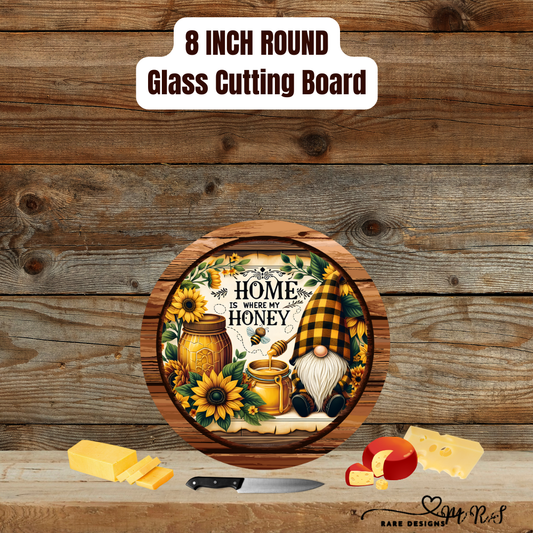 Home Is Where My Honey™ — 8″ Round Glass Cutting Board (Sunflower Gnome)