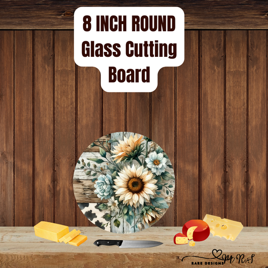 Rustic Sunflower Patchwork Round Glass Cutting Board — 8″