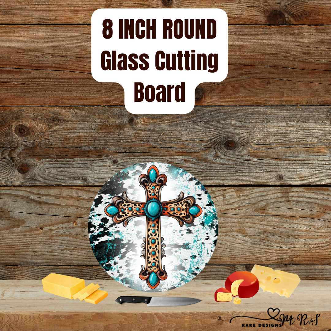 8" Round Glass Cutting Board – Rustic Turquoise Cross
