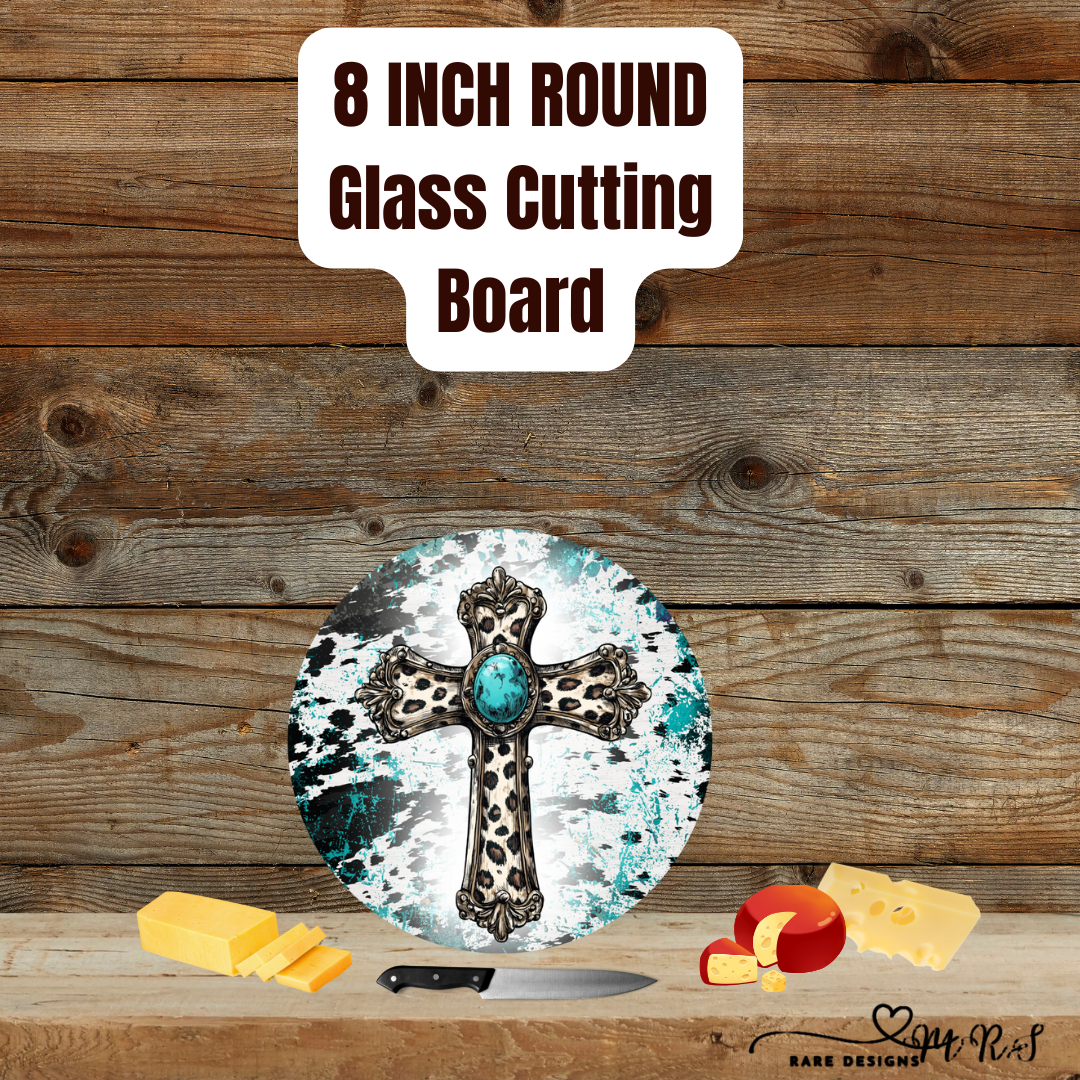 8" Round Glass Cutting Board – Rustic Turquoise Cross