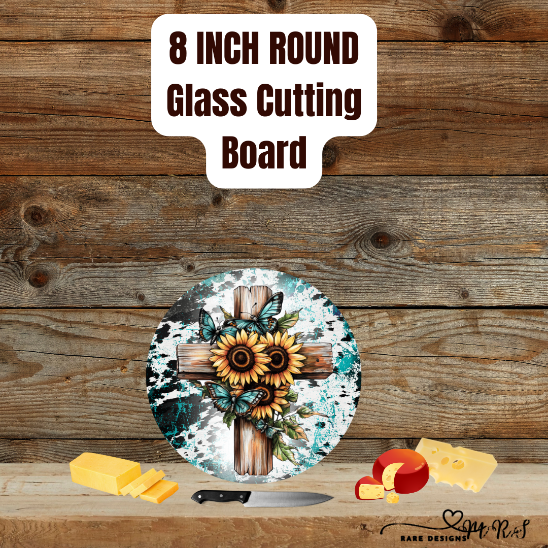 8" Round Glass Cutting Board – Rustic Turquoise Cross