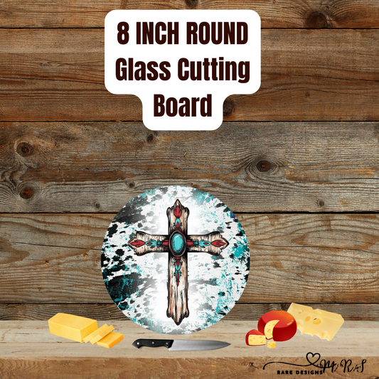 8" Round Glass Cutting Board – Rustic Turquoise Cross