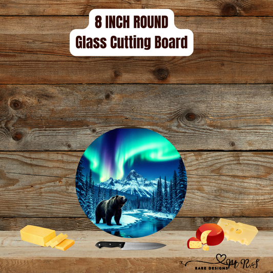 Polar Aurora Grizzly — 8″ Round Glass Cutting Board