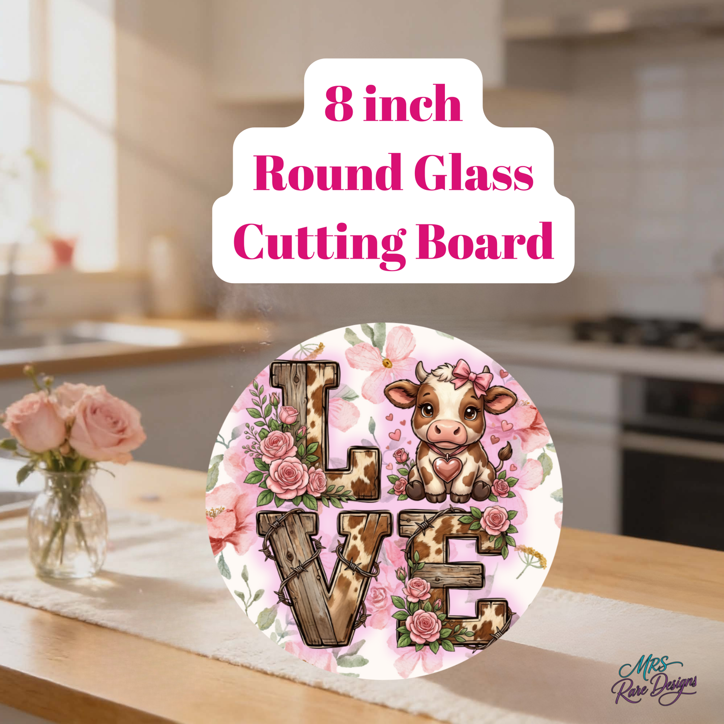 Rustic Love Cow Floral Glass Cutting Board Collection – Round, Square & Rectangle