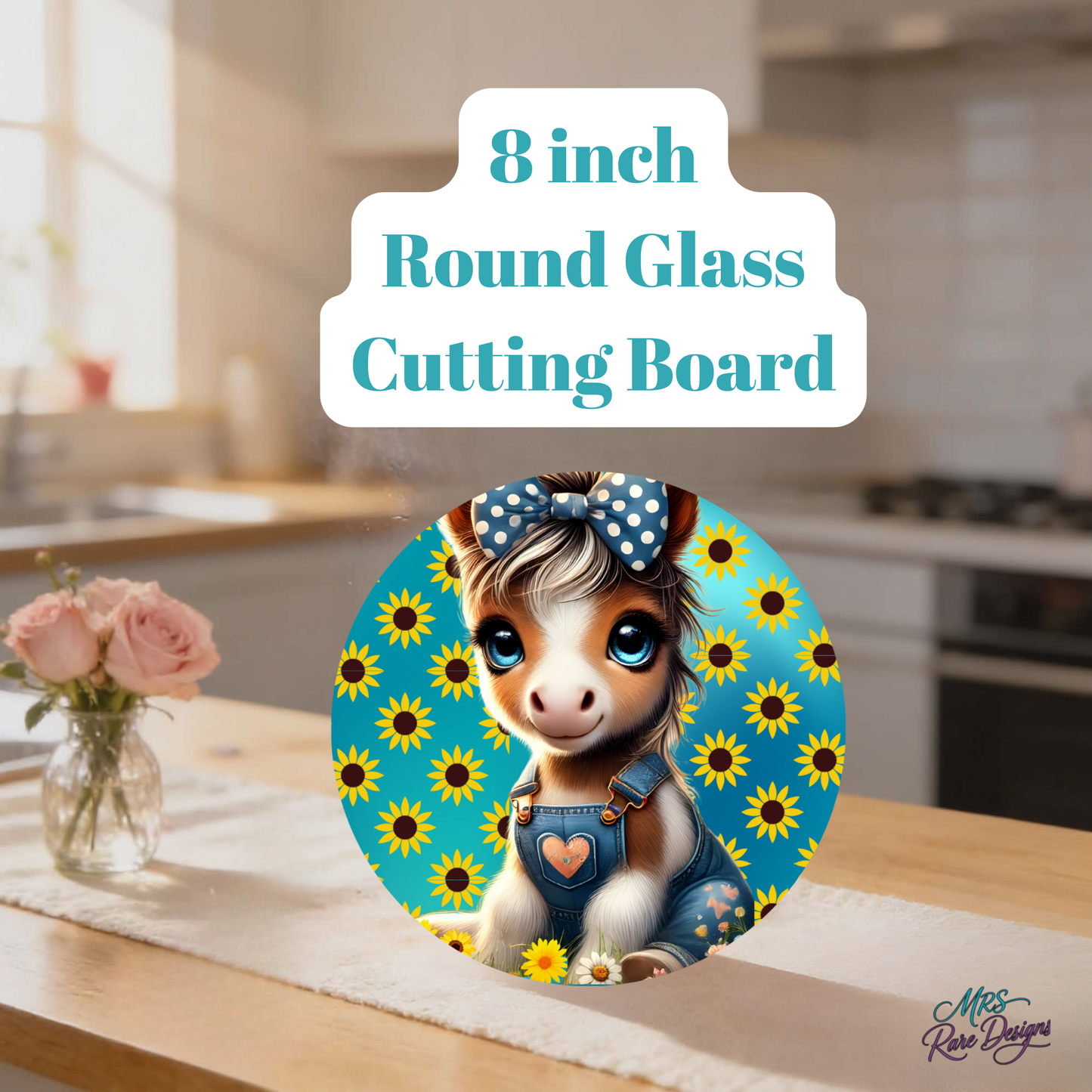 Cute Baby Donkey Sunflower Round Glass Cutting Board – 8 Inch Kitchen Decor by Mrs Rare Designs