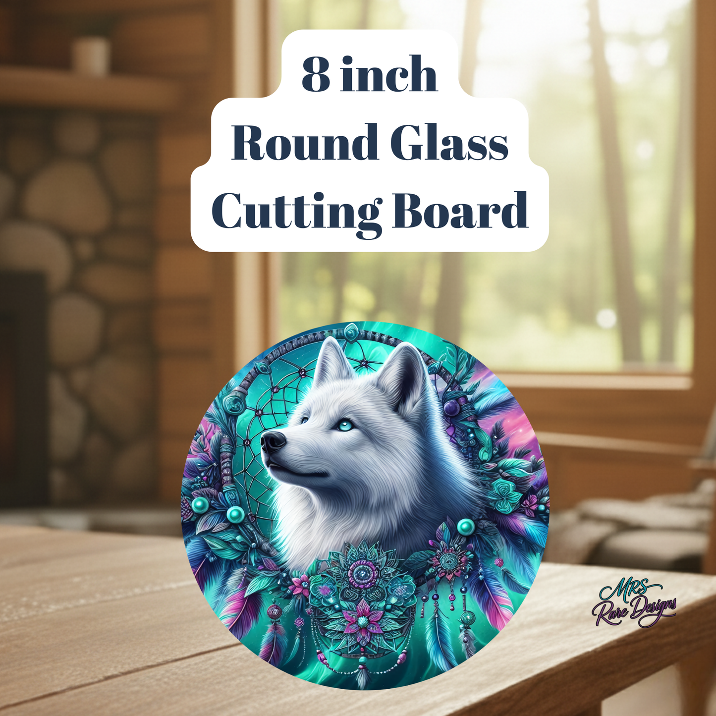 Mystical White Wolf Dreamcatcher — 8" Round Glass Cutting Board