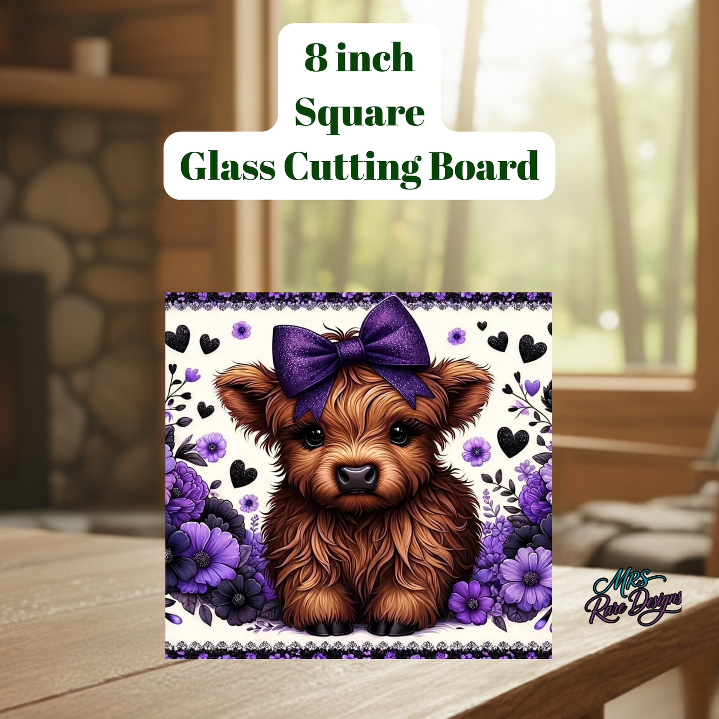 Highland Cow 8-Inch Square Glass Cutting Board Collection – Floral Farmhouse Kitchen Decor
