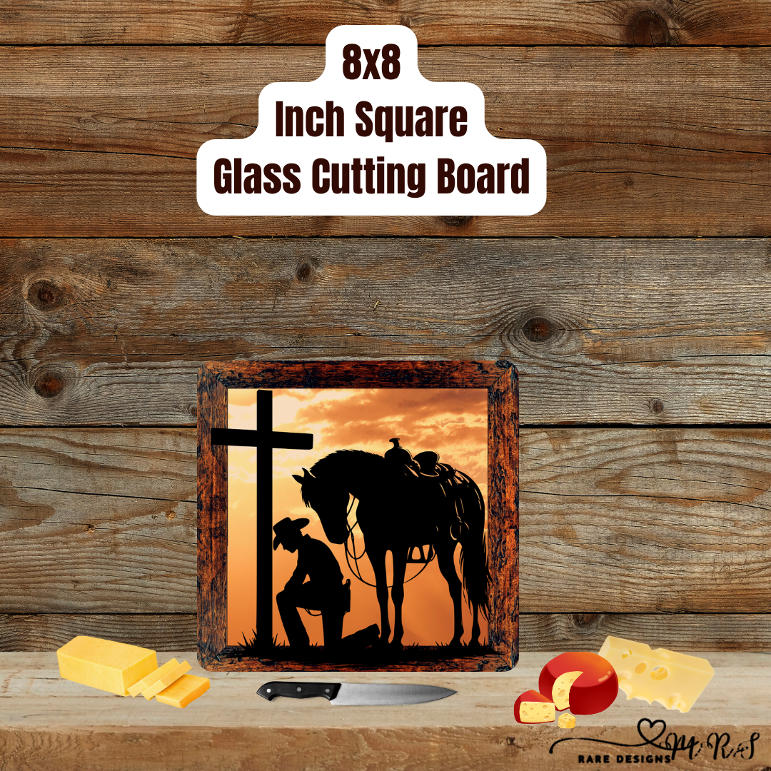 Cowboy’s Prayer at Sunset — 8x8 Glass Cutting Board Collection