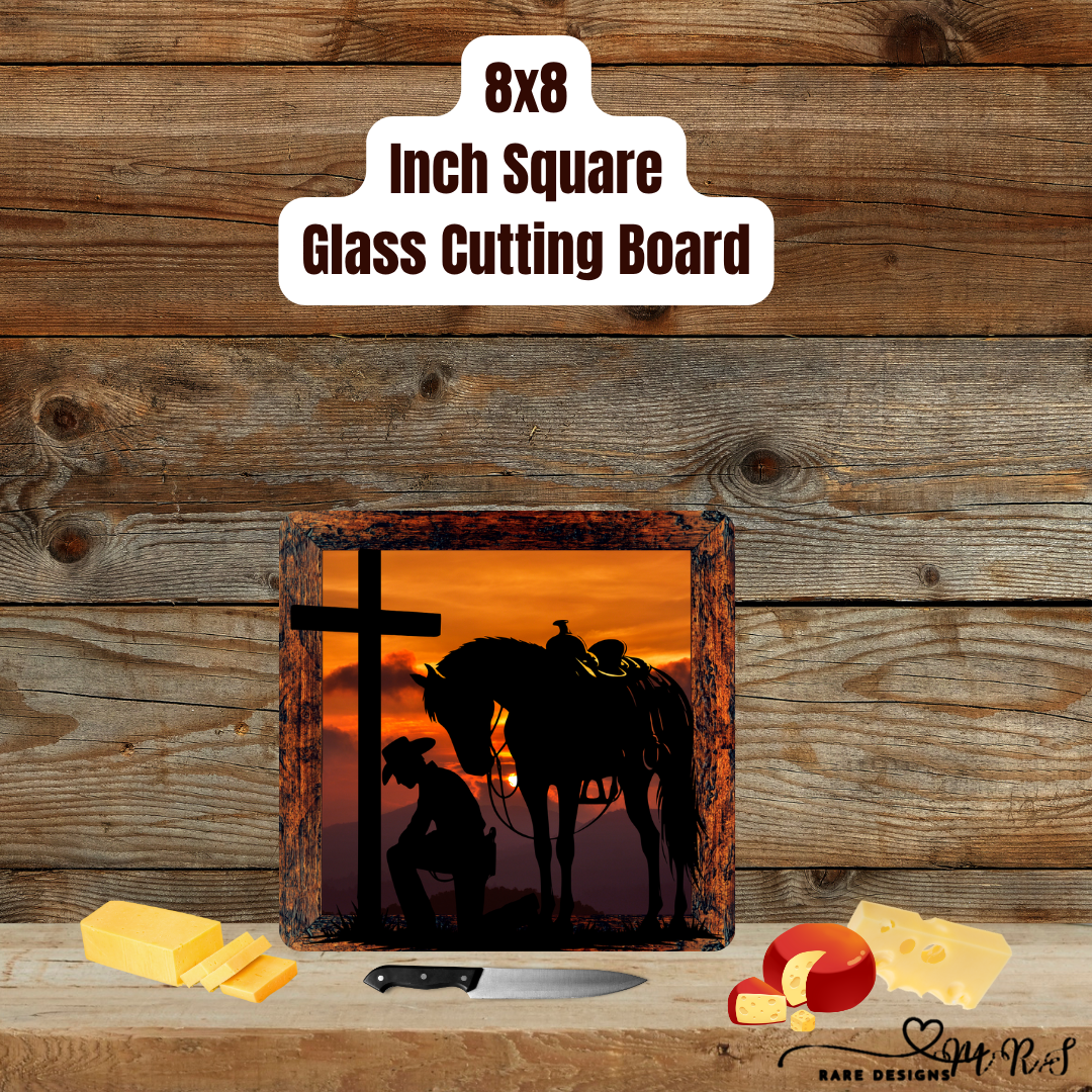Cowboy’s Prayer at Sunset — 8x8 Glass Cutting Board Collection