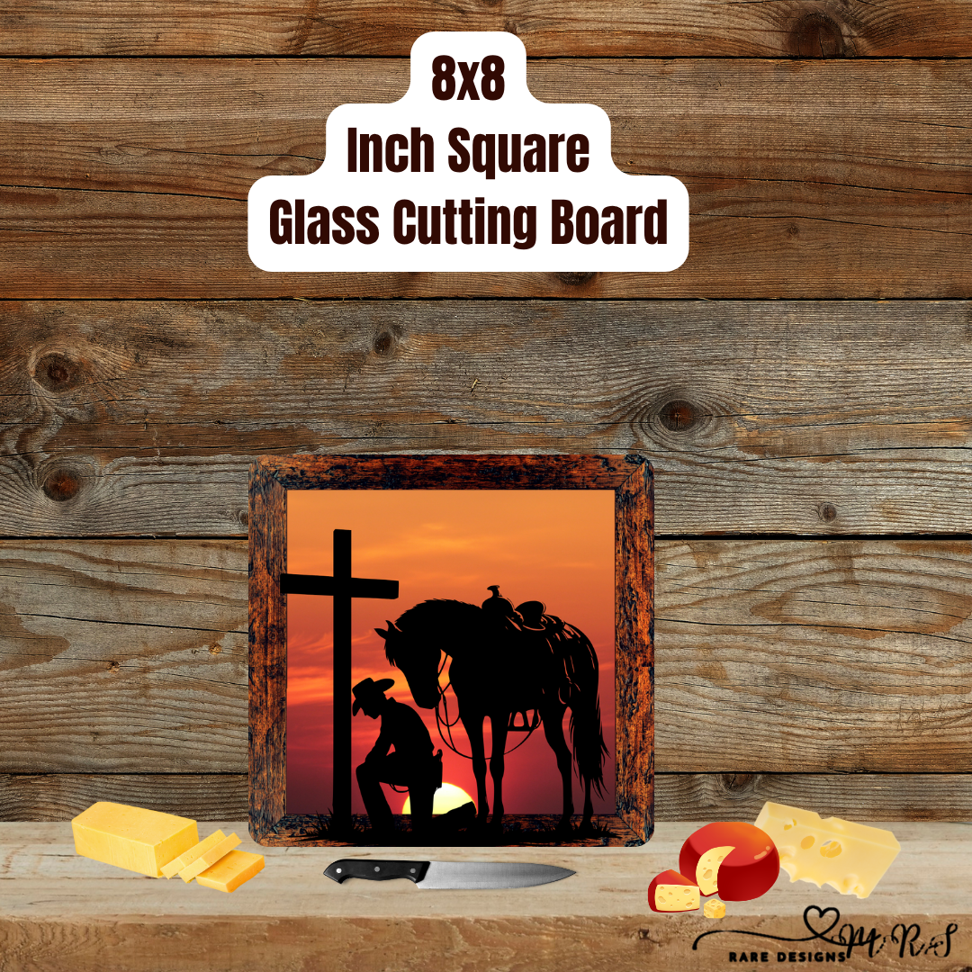 Cowboy’s Prayer at Sunset — 8x8 Glass Cutting Board Collection